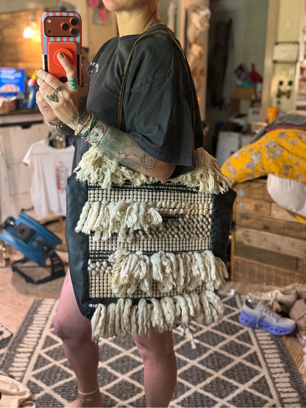 Boho Fringe Tote Bag - Black & Cream